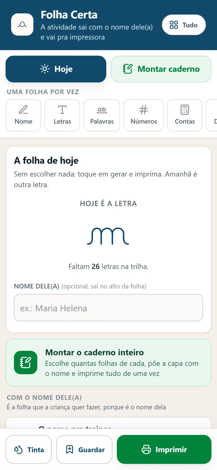 Tela do Folha Mágica no celular, com o campo do nome da criança e o botão de imprimir